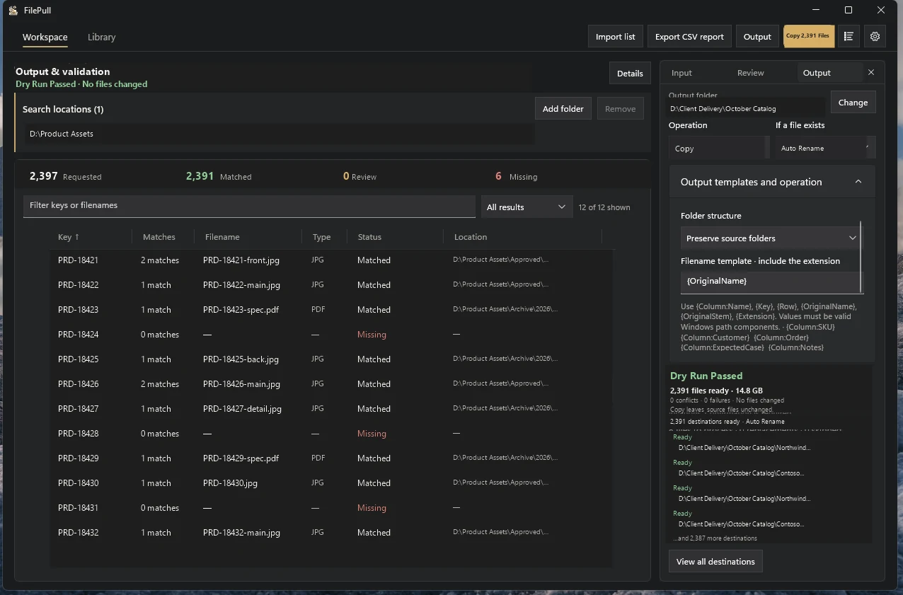 FilePull workspace showing file matching and collection review